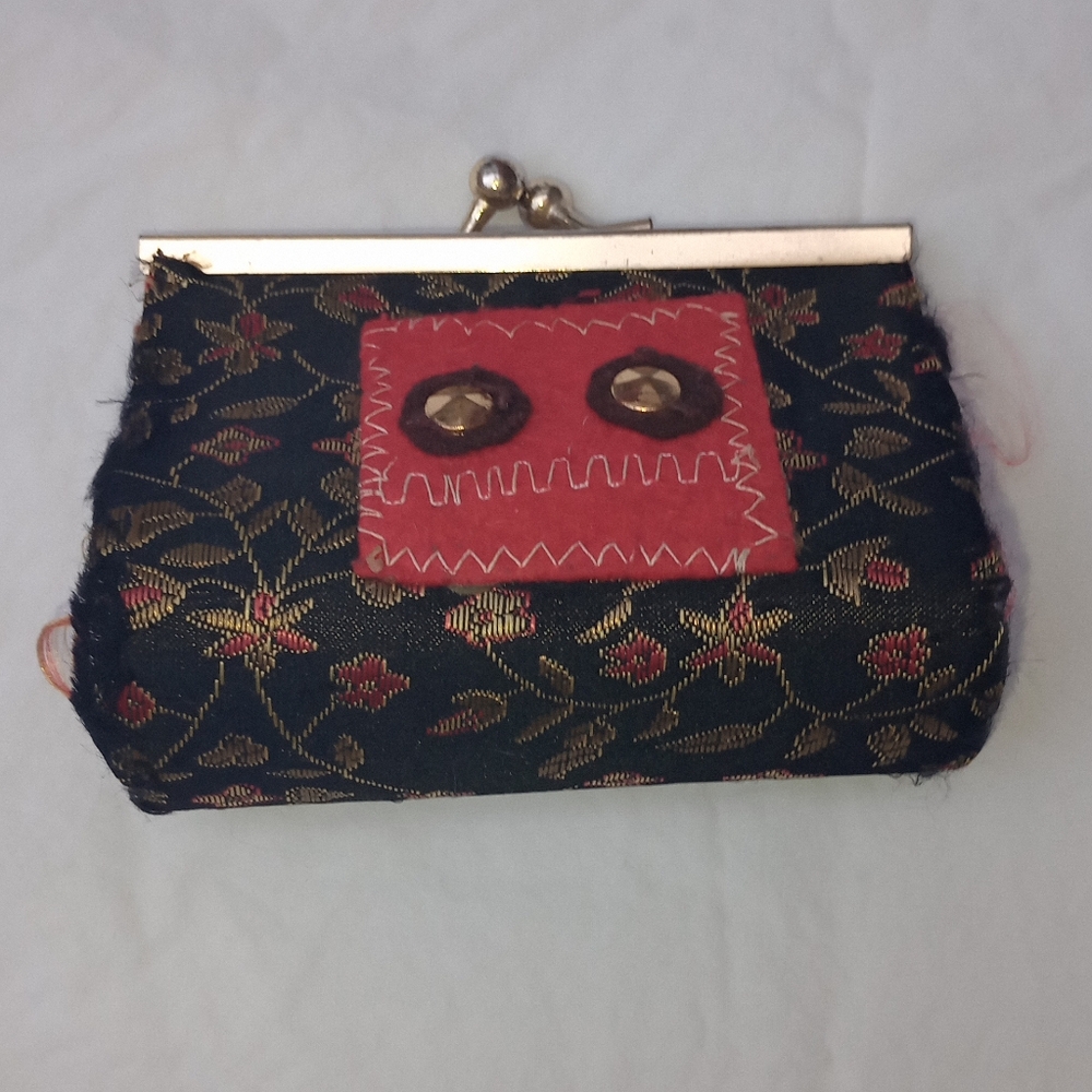 Handcrafted Upcycled Coin Purse Baroque Face Craft Core Whimsical Red Black Gold